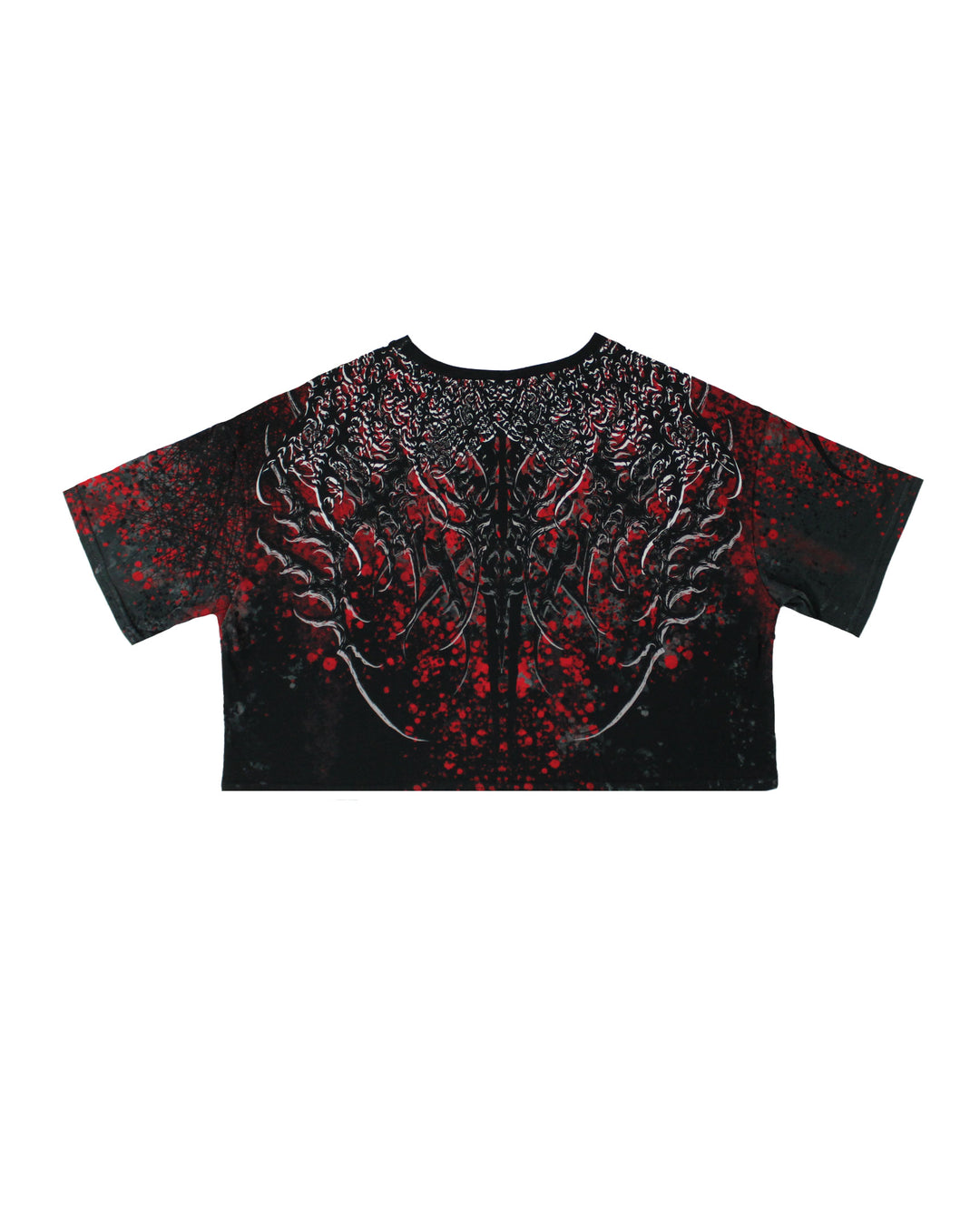 black alternative crop top with horror skeleton chest graphic and red splatter