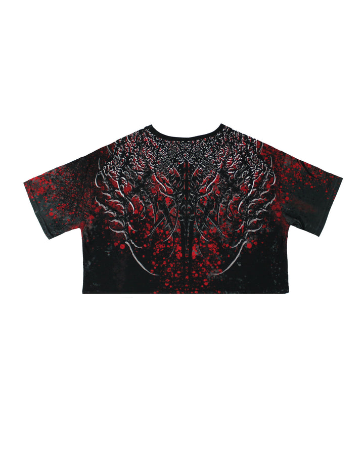 black alternative crop top with horror skeleton chest graphic and red splatter