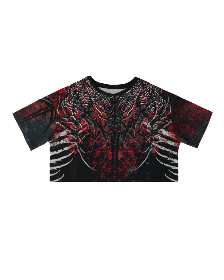 dark gothic crop shirt with ribcage skeleton print and death metal aesthetic